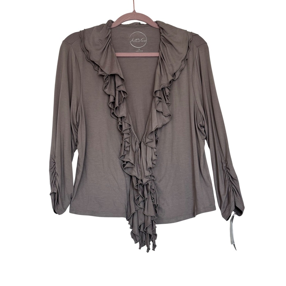 INC International Concepts Womens XL Ruffle Open Front Cardigan Taupe Y2K